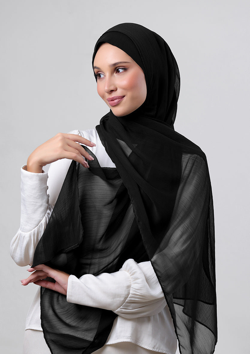 Jet Black - Crepe Chiffon - Instant Hijab With Inner