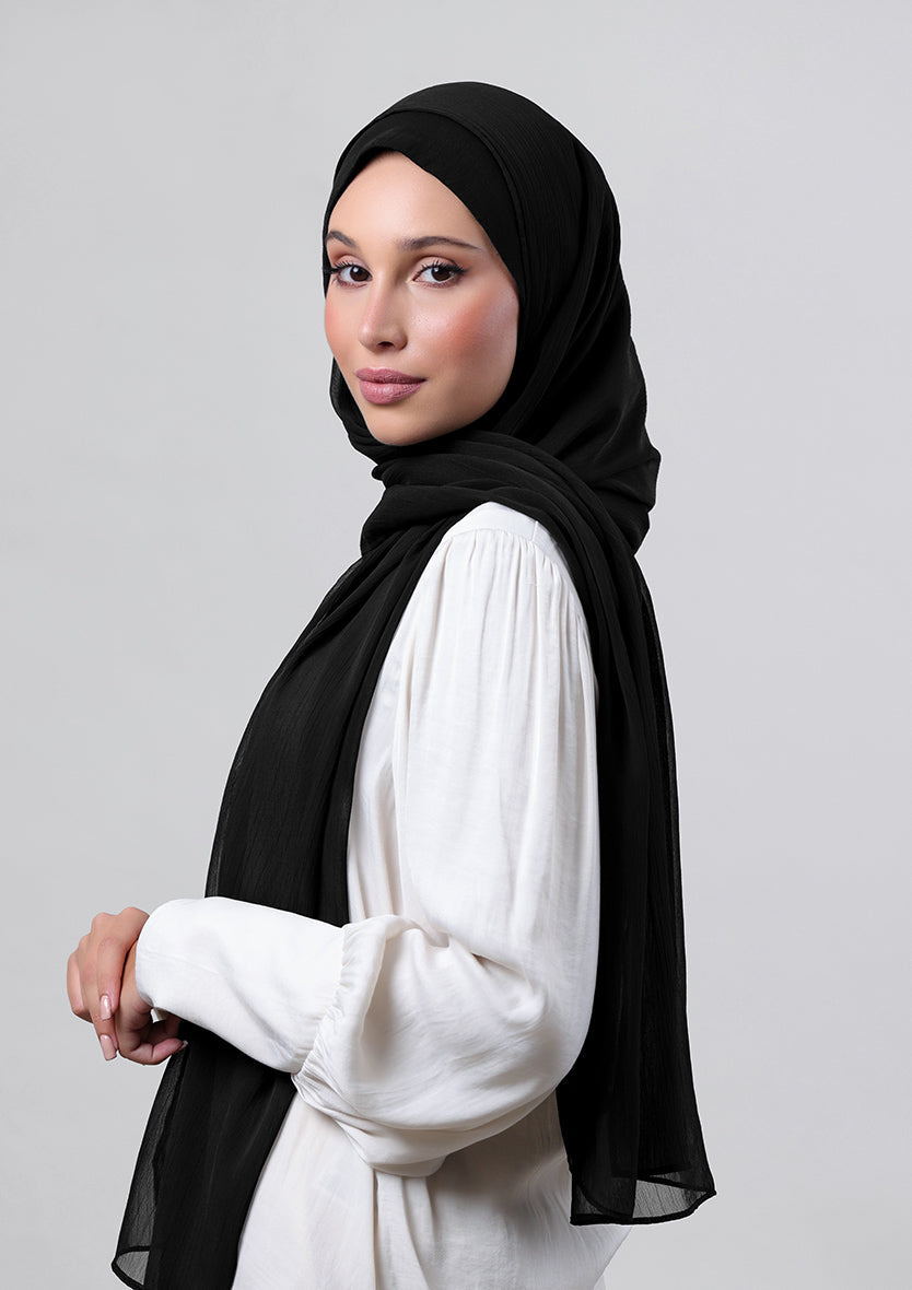 Jet Black - Crepe Chiffon - Instant Hijab With Inner