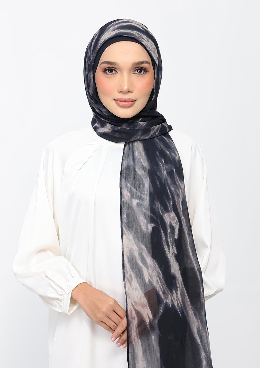 Black Marble-Printed Crinkled Chiffon