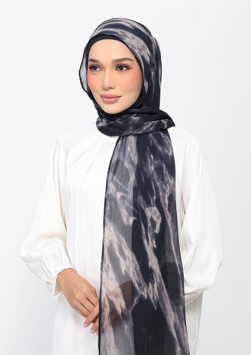 Black Marble-Printed Crinkled Chiffon