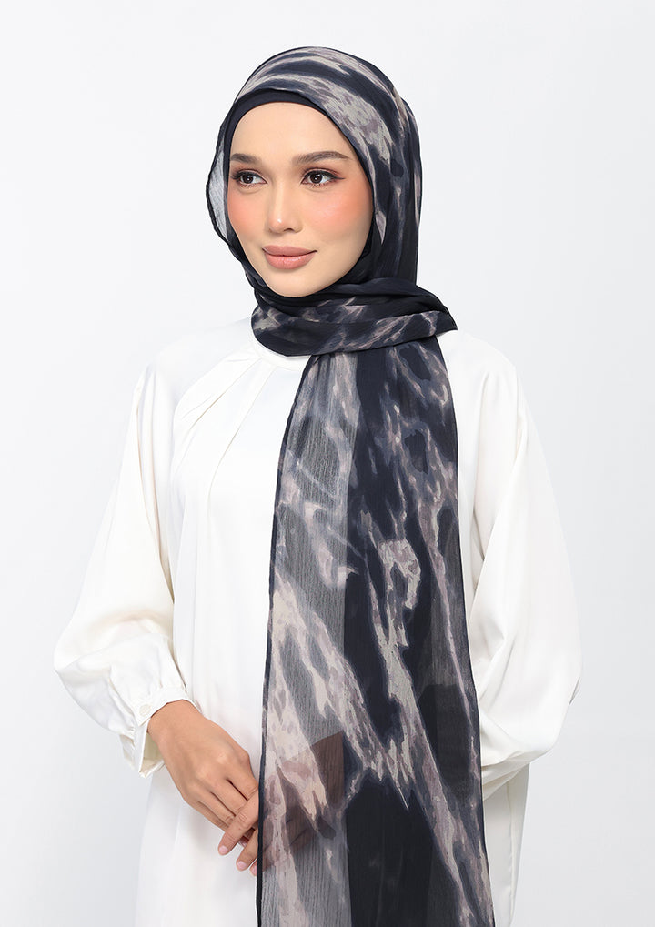 Black Marble-Printed Crinkled Chiffon
