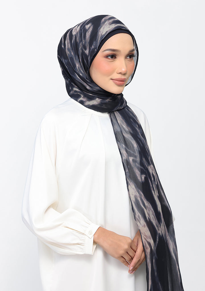 Black Marble-Printed Crinkled Chiffon