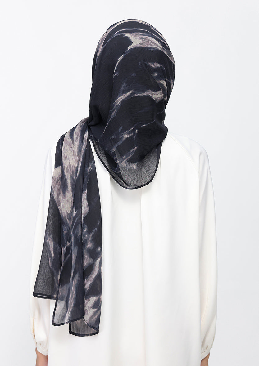 Black Marble-Printed Crinkled Chiffon