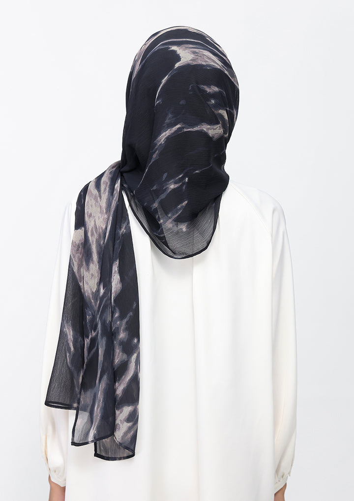 Black Marble-Printed Crinkled Chiffon
