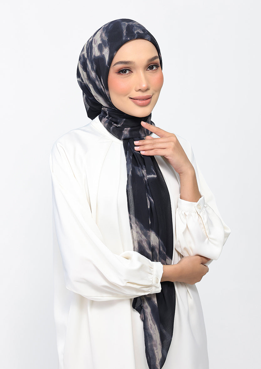 Black Marble-Printed Crinkled Chiffon