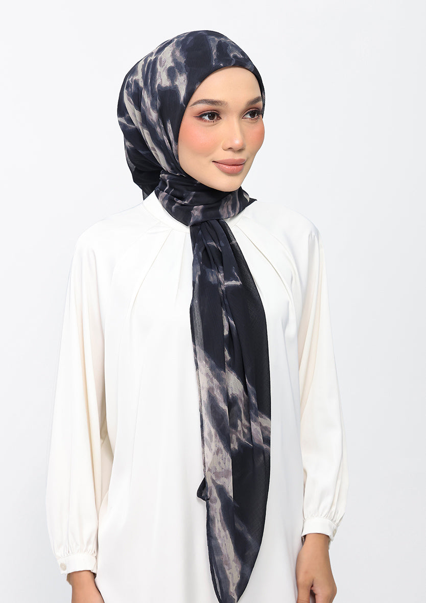 Black Marble-Printed Crinkled Chiffon