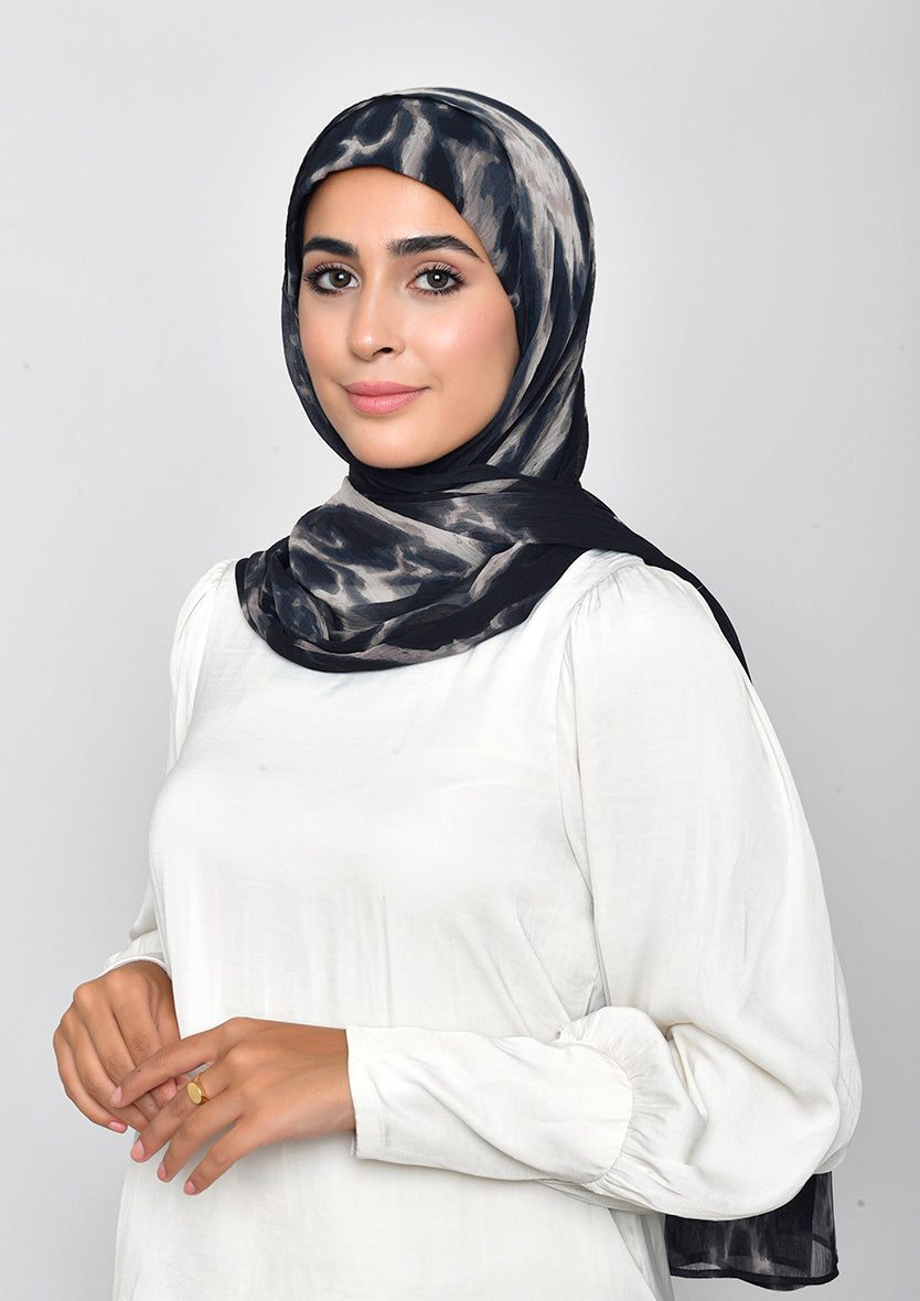 Black Marble-Printed Crinkled Chiffon