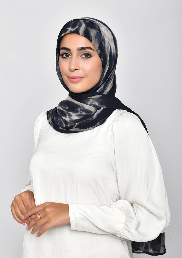 Black Marble-Printed Crinkled Chiffon