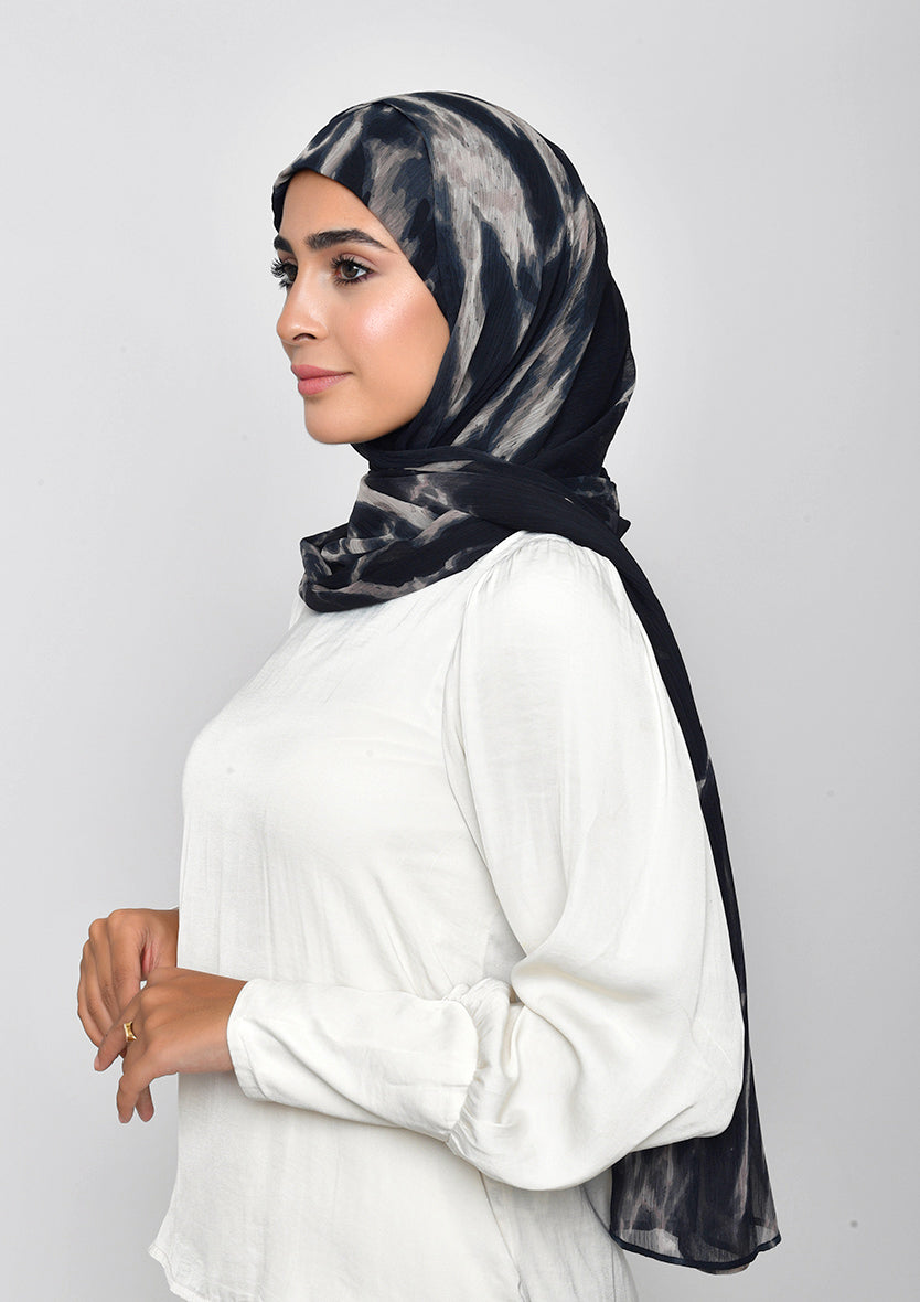 Black Marble-Printed Crinkled Chiffon