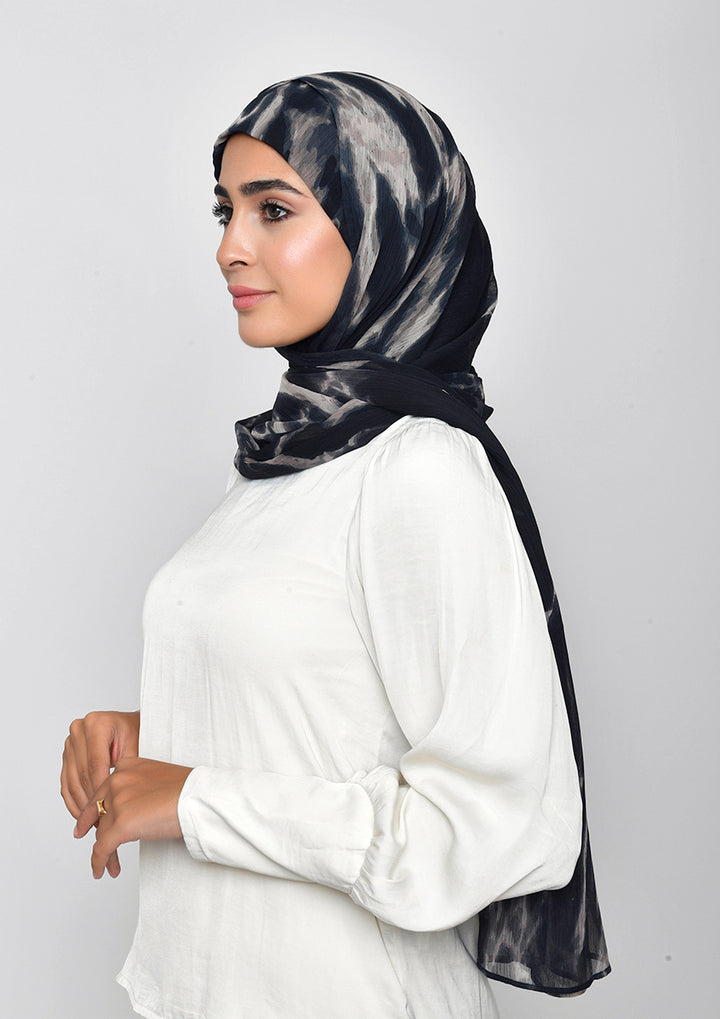 Black Marble-Printed Crinkled Chiffon