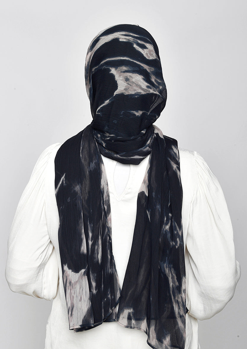 Black Marble-Printed Crinkled Chiffon