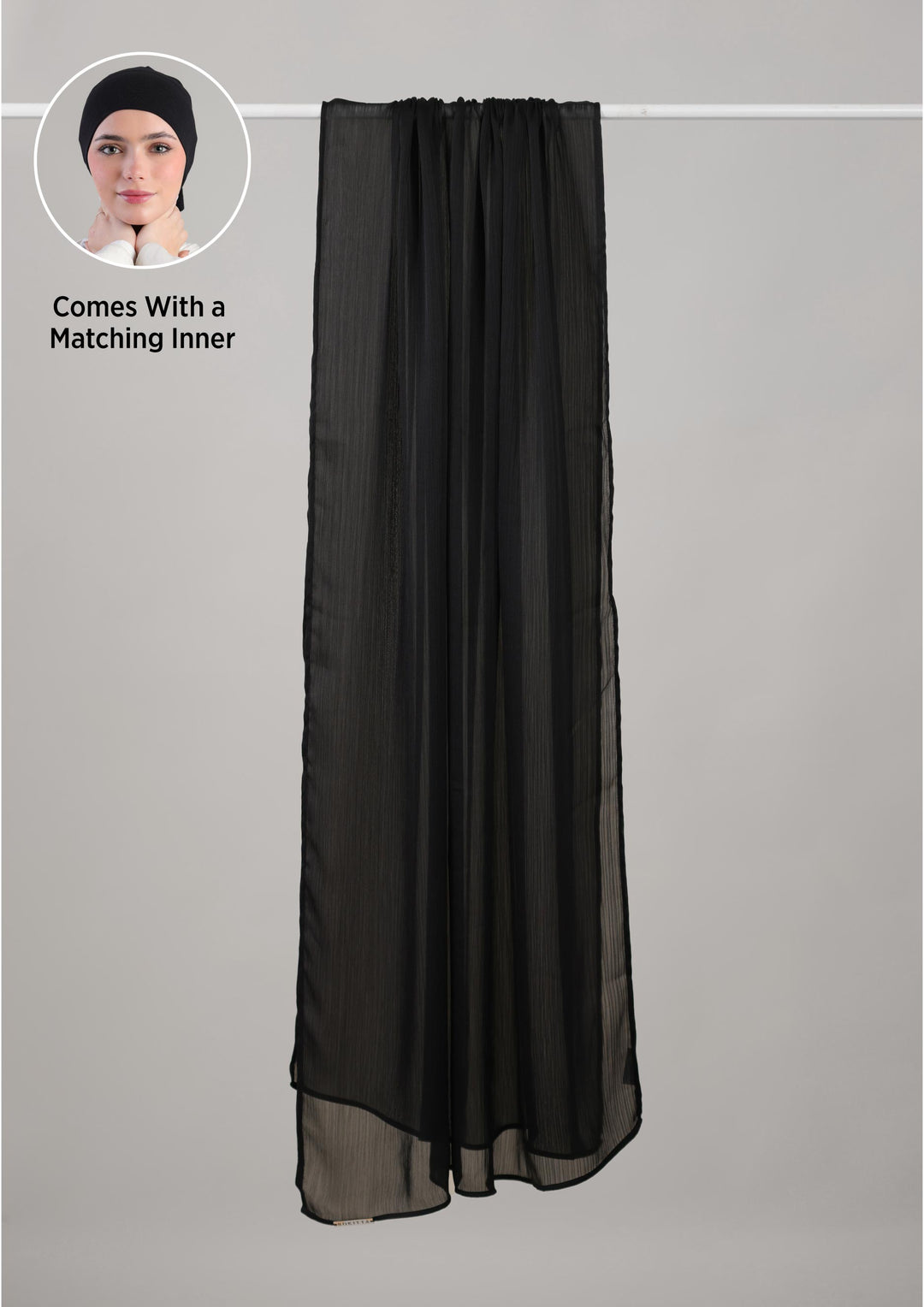 Black Satin Crinkled - Shawl With Inner